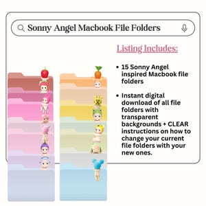 K&ouml;nnte beinhalten: Digitale Dateiordner f&uuml;r Macbook, inspiriert von Sonny Angel-Charakteren. Das Bild zeigt zwei Spalten farbenfroher Dateiordner, jeder mit einem anderen Sonny Angel-Charakter. Der Text lautet "Sonny Angel Macbook File Folders."