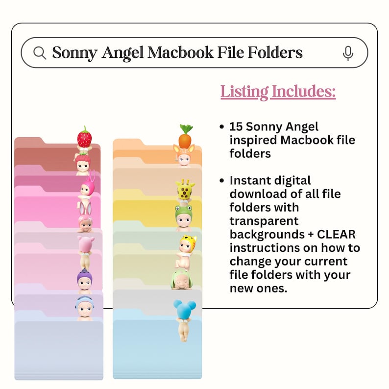 K&ouml;nnte beinhalten: Digitale Dateiordner f&uuml;r Macbook, inspiriert von Sonny Angel-Charakteren. Das Bild zeigt zwei Spalten farbenfroher Dateiordner, jeder mit einem anderen Sonny Angel-Charakter. Der Text lautet "Sonny Angel Macbook File Folders."