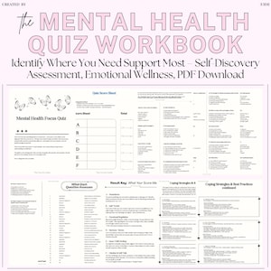 May include: A pink and white workbook titled "The Mental Health Quiz Workbook." The workbook includes a quiz score sheet, a mental health focus quiz, and sections on self-discovery, emotional wellness, and coping strategies. The text "Identify Where You Need Support Most" is also visible.
