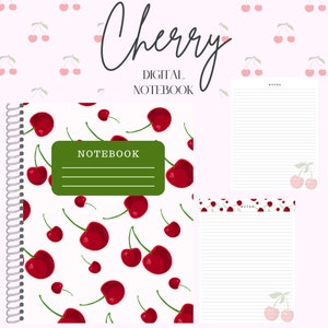 Può includere: Una copertina di quaderno digitale con sfondo bianco e un motivo ripetuto di ciliegie rosse. La copertina ha una barra del titolo verde che dice "NOTEBOOK". Il quaderno ha una rilegatura a spirale sul lato sinistro. Il testo "Cherry DIGITAL NOTEBOOK" è in alto nell'immagine.