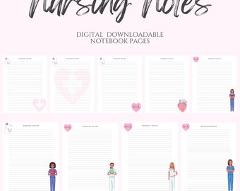 May include: Printable digital notebook pages for nurses. The pages feature a heart with a heartbeat line, a stethoscope, and a heart with a cross. There are also illustrations of nurses in different poses.