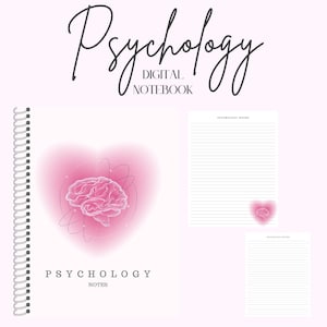 May include: Digital notebook with a pink brain in a heart shape and the text "Psychology Notes" on the cover. The notebook has a spiral binding and lined pages.