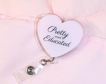 Pretty and Educated Badge Reel | baby pink heart shaped cute badge reel for healthcare workers