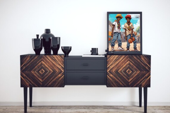 Boys Hanging Out Wall art | Two Friends Animated digital wallart | Beautiful African Art Board Print | Digital Animated Wall art | Group