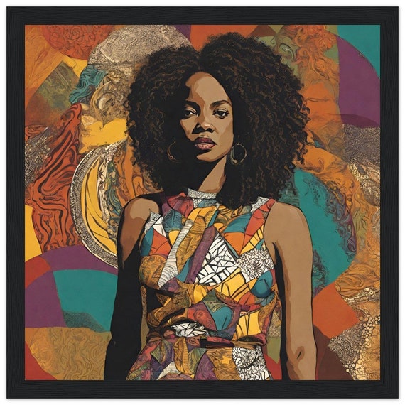 Abstract Framed Canvas of Black Woman in Dress Artwork Framed Canvas for Home Decor African American Wall Art - Swirling Elegance