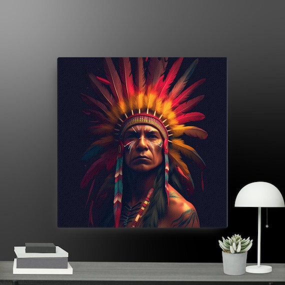 Native American Portrait Painting, American Indian Chief, Headdress, Western, Vintage Western Painting, Home Decor, wall art  Headdress