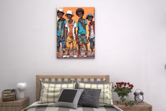 Boys Hanging Out Wall art | Four  Friends Animated digital wallart | Beautiful African Art Board Print | Digital Animated Wall art | Group