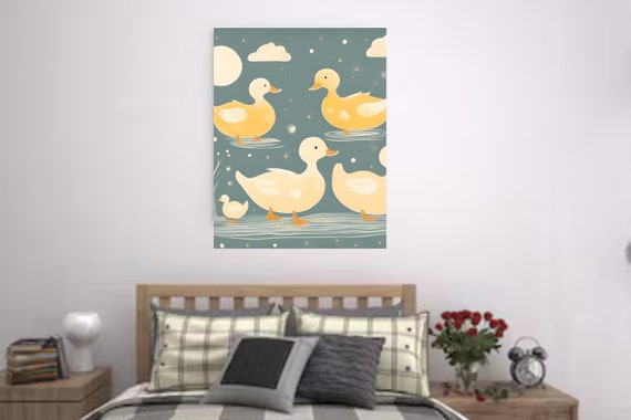 Flat mother duck and ducklings in a pond Wallart | Nursery Wallart Designs | African Duck Wall Art | Vibrant Colors | African Art Duck Decor