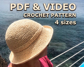 Crochet Pattern, Cloche Hat, Summer Women Raffia ISPIE Bucket Hat, Wide Brim sunhat, Beach Panama, Garden light hat