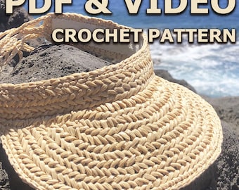 Crochet Pattern. Sun Visor Headband from Raffia Straw for women. Summer Garden, Beach Sunhat. Long Hair Friendly. Ponytail Opening.