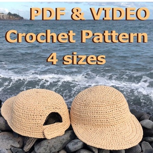 Crochet Hat Pattern. Summer Baseball Cap. Women Sun Hat from Raffia straw.