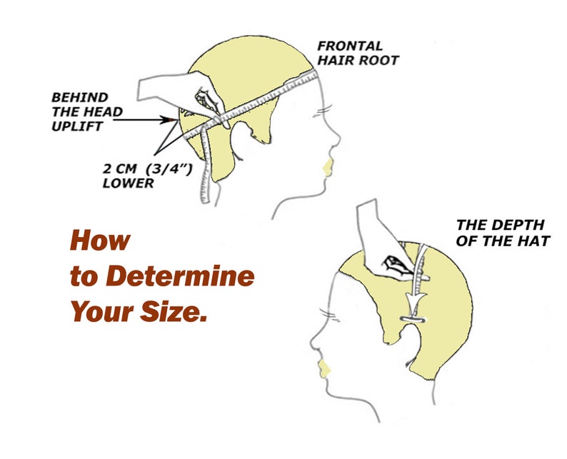 Pode incluir: Diagrama que mostra como medir a cabe&ccedil;a para um chap&eacute;u. A primeira imagem mostra como medir a circunfer&ecirc;ncia da cabe&ccedil;a, come&ccedil;ando pela raiz do cabelo frontal e passando pela parte de tr&aacute;s da cabe&ccedil;a. A segunda imagem mostra como medir a profundidade do chap&eacute;u, do topo da cabe&ccedil;a at&eacute; a parte inferior do chap&eacute;u.
