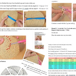 Pode incluir: Close-up de um bon&eacute; de beisebol de croch&ecirc; com um gr&aacute;fico detalhado mostrando o tamanho, o di&acirc;metro e a profundidade do bon&eacute; em cent&iacute;metros e polegadas. O gr&aacute;fico inclui os tamanhos pequeno, m&eacute;dio, grande e extra grande.