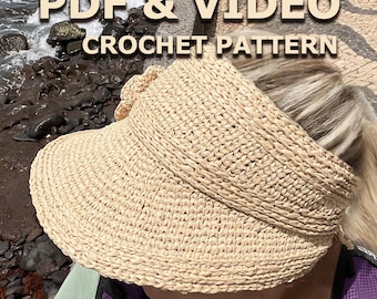 Crochet Pattern Summer Sun Shield, Stylish Women Raffia Visor with Ponytail Opening, Beach, Garden Straw Sunhat with Wide Brim, Gift for Her
