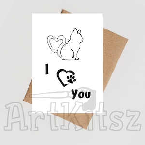 Eu te amo cartão postal com desenho de linha de gato, barbatana de coração, cauda e texto Para imprimir você mesmo modelo de cartão postal plano e cartão dobrado