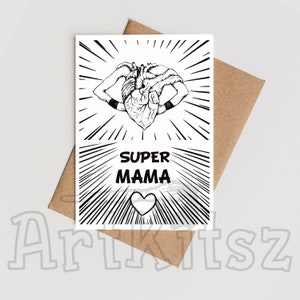 Super Hero Mom-Postkarte, perfekte Muttertagskarte, PDF-Vorlage, flache und gefaltete Karte, Tintenillustration, Superhelden-Herz