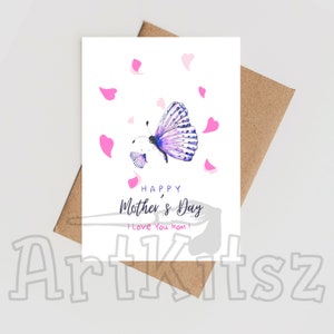 Papillons Fête des Mères imprimable Carte postale aquarelle mère et enfant papillon indigo rose modèle de carte de voeux