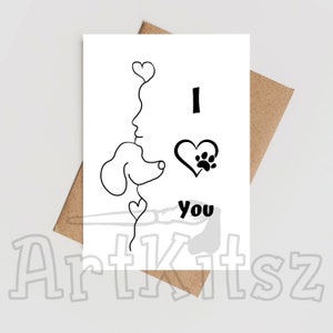 Ansichtkaart Hond en Baasje lijntekening met tekst I love you , om zelf te printen op postkaart plat sjabloon en gevouwen kaart