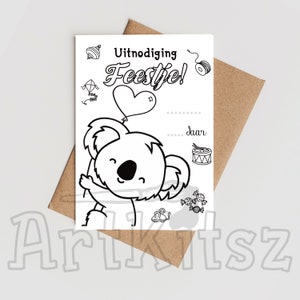 Wydrukuj własne zaproszenie na imprezę bezpośrednio w domu Miś Koala | pokoloruj to sam | przód i tył | a6 PDF | darmowa kolorowanka |