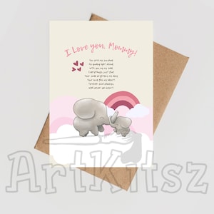 Tarjeta de felicitación de elefantes con dulce poema imprimible, descargar plantilla de elefante de mamá y el pequeño sol