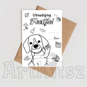 Carte d'invitation à une fête | Chien Beagle | colorie-le toi-même | recto et verso | Carte postale imprimable a6 PDF | coloriage gratuit |