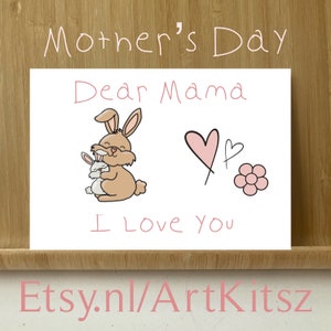 Cartão postal do Dia das Mães Coelho com página para colorir grátis para imprimir você mesmo, querida mãe, eu te amo cartão postal animais fofos ArtKitsz