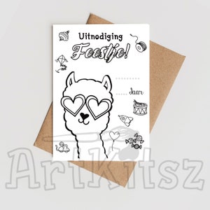 Carte de fête d'invitation | Lama | colorez-vous | avant et arrière | Carte postale imprimable A6 PDF | coloriage gratuit |
