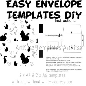Plantilla de sobre fácil Patrón de gatos en blanco y negro Instrucciones de bricolaje que incluyen Impresión en color en casa Caja de direcciones A6 A7
