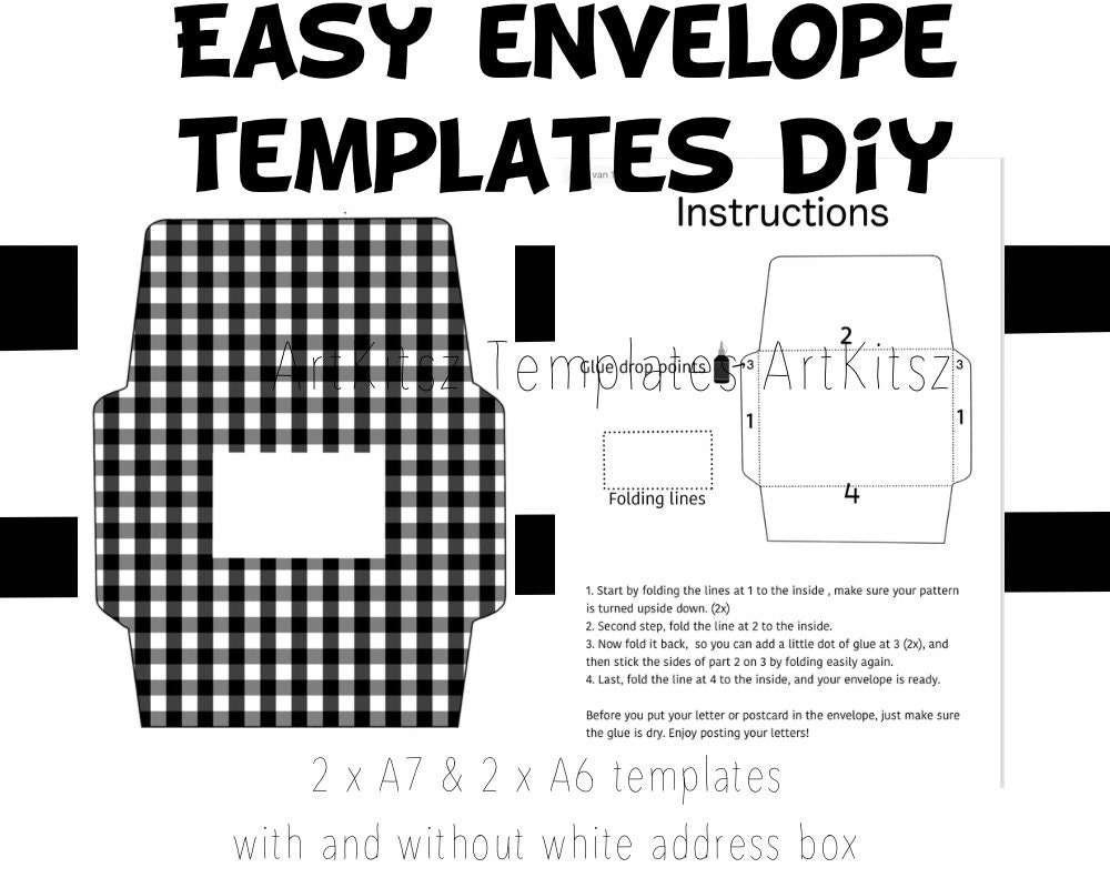 Easy Envelope Template Gingham Checkerboard Pattern Black Etsy