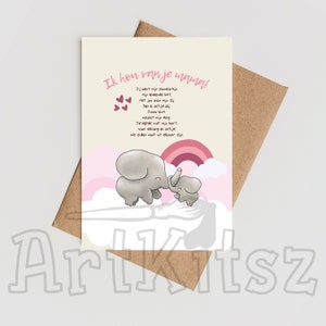 Elephant rainbow postcard with poem text for mom Mother's Day template to print yourself flat and folded template