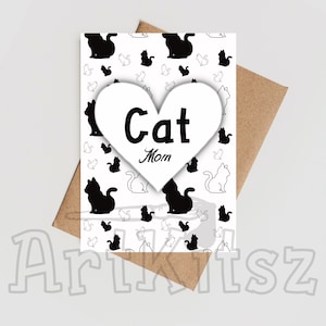 Cartão postal Cat Mom para mães gatas imprimirem um modelo plano e dobrado com silhuetas de coração e gato