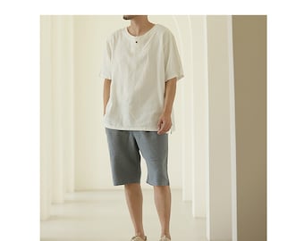 White Pure Linen Men's Shirt with Button, Summer Vacation Short Sleeve Shirt, Martial Arts Shirt