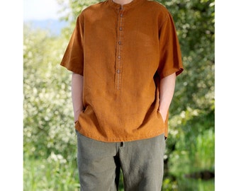 2-colors Vintage handmade flax shirt, 100% Flax, Half Botton Linen Shirt, Summer Beach Shirt