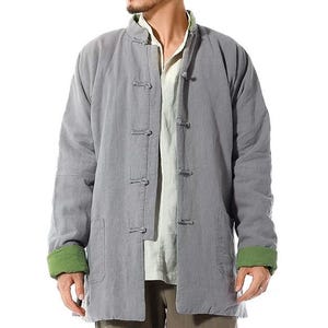 Grey Men's Warm Jacket, Winter Padded Thick Jacket, Linen Ramie Jacket, Quilted Coat, Cotton Padded-Jacket