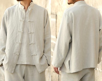 5-colors Line-like Handmade Mens Jacket, Linen Jacket, Long Sleeve Jacket, Martial Art Jacket, Vintage Chinese Button Jacket, Tai Ji Jacket