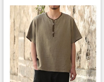 LinenShirt,Handmade Shirt,  Short Sleeve Shirt, Martial Art Shirt, Collar Shirt, Mens Top Shirt, Gift for him