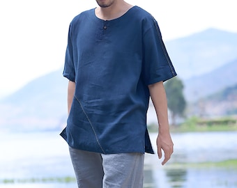 Dark Blue Pure Linen Men's Shirt with Button, Summer Vacation Short Sleeve Shirt, Martial Arts Shirt