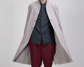 Gray Line-like Handmade Mens Long Coat, Linen Formal Coat, Long Sleeve Jacket, Gift for Him