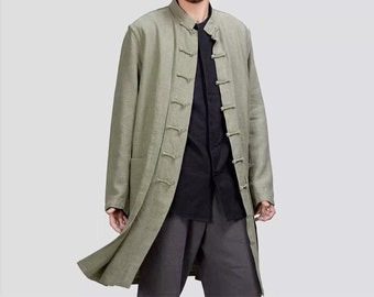 Green Line-like Handmade Mens Long Jacket, Linen Long Coat, Martial Art Jacket, Vintage Chinese Button Jacket