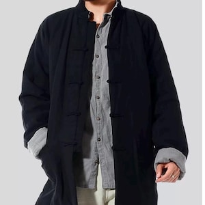 Black Men's Warm Jacket, Winter Padded Thick Jacket, Linen Ramie Jacket, Quilted Coat