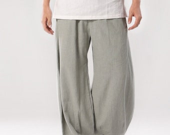 4-colors Handmade  Ramie Wide Leg Mens Pants,Spring Summer Elastic Waist Trousers Workout Qi Gong Tai ji Pants