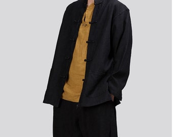 Chaqueta de lino negra hecha a mano para hombre, chaqueta similar al lino, chaqueta de manga larga, chaqueta de artes marciales, chaqueta con botones chinos vintage, chaqueta de tai ji