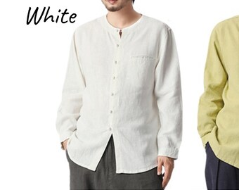 White 100% Linen men button shirt, handmade shirt, Linen-like Shirt, Linen Shirt, Chinese handmade button, Martial Arts Shirt, Qigong