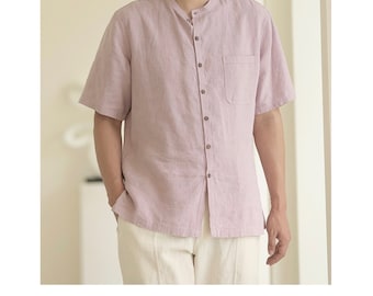 Camisa de lino para hombre hecha a mano en 3 colores con bolsillo, 100 % lino, camisa con botones, camisa de manga corta, camisa formal