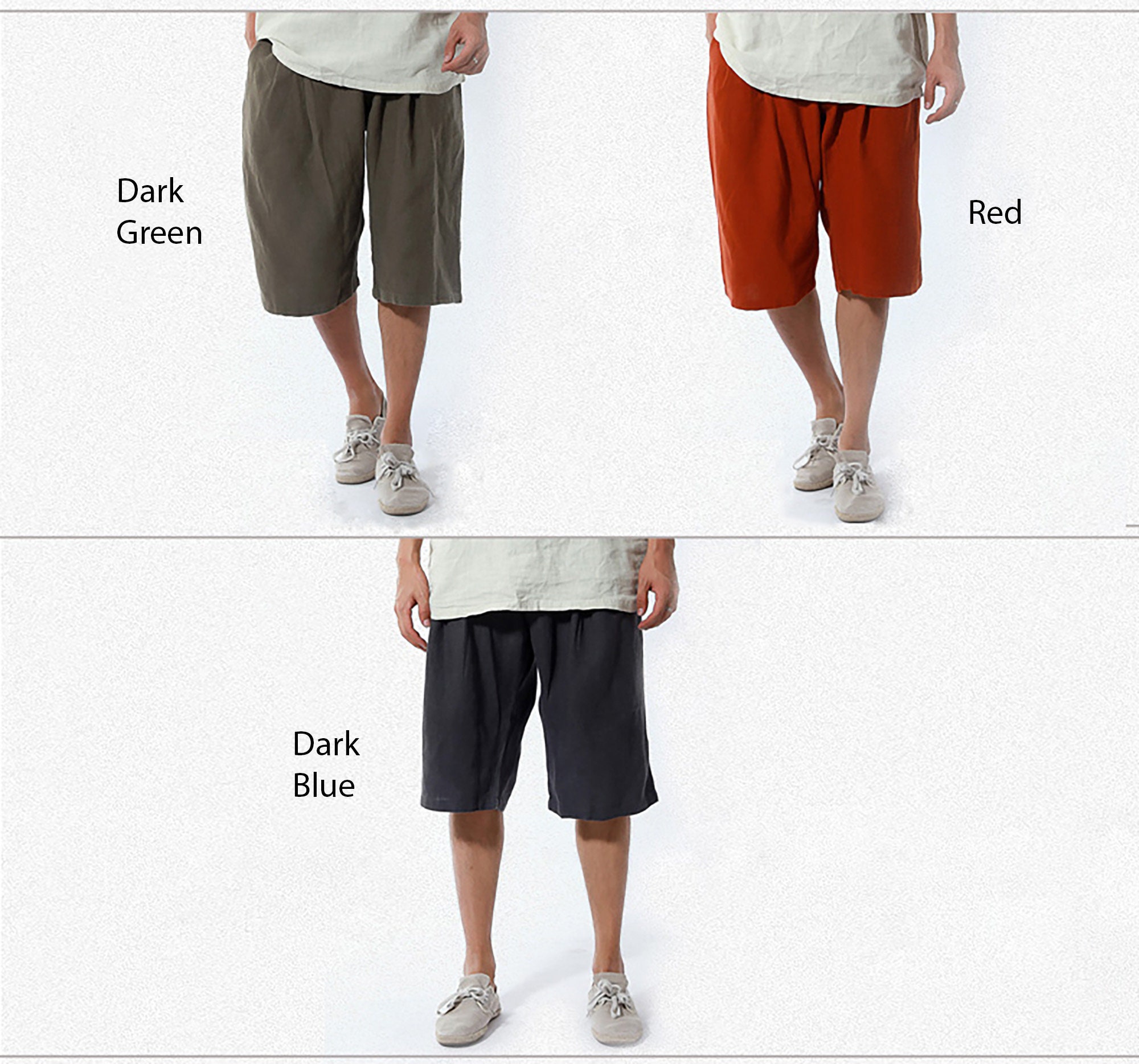 3-colors Luxury Linen Mens Long Baggy Shorts,wide Leg Short Pants