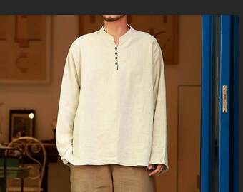 Beige Linen Mens Shirt, Handmade Shirt,  Long Sleeve Shirt, Button Shirt, Mens Top, Tees, Martial Art Tai Ji Shirt