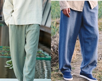 3-colors High-waist Wide Natural Linen Mens Pants,  Handmade LinenTrousers,Linen-like Material, Workout Yoga Martial Art Pants