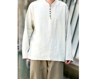 White Linen Mens Shirt, Handmade Shirt,  Long Sleeve Shirt, Button Shirt, Mens Top, Tees, Martial Art Tai Ji Shirt
