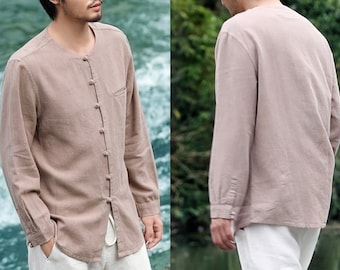 Brown 100% Linen men button shirt, handmade shirt, Linen-like Shirt, Linen Shirt, Chinese handmade button, Martial Arts Shirt, Qigong
