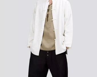 Chaqueta de lino blanco hecha a mano para hombre, chaqueta similar al lino, chaqueta de manga larga, chaqueta de artes marciales, chaqueta con botones chinos vintage, chaqueta de tai ji